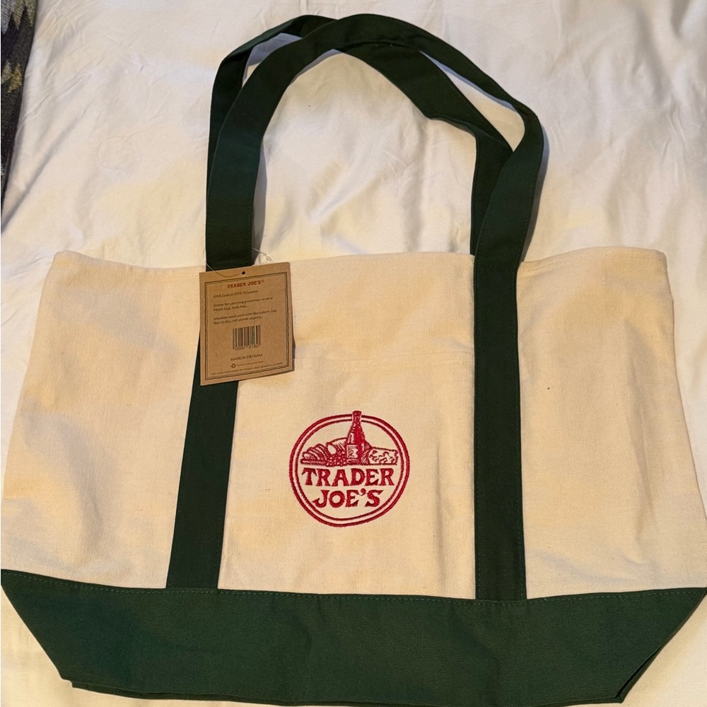 NWT - Trader Joe's Canvas Tote Bag - Green and Cr… - image 1